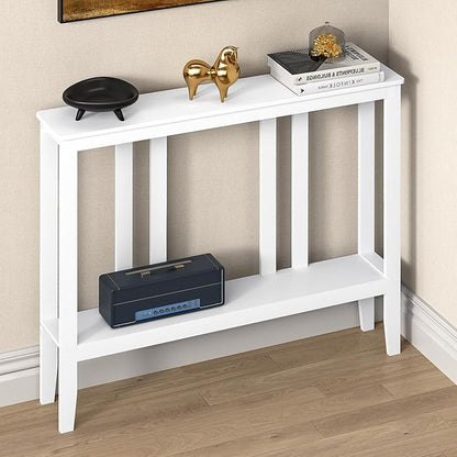 ELYKEN Bamboo 2-Tier Narrow Console Table, 36.2" Long Slim Sofa Table Behind Couch for Entryway, Hallway, Living Room, White