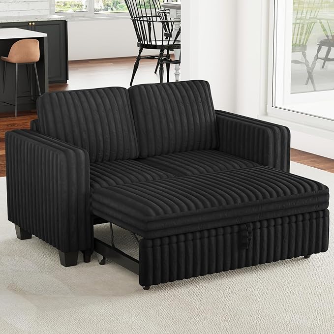 Belffin Corduroy Sectional Sleeper Sofa with Pull Out Bed Modular Sectional Loveseat Sofa Bed for Living Room Black Couch