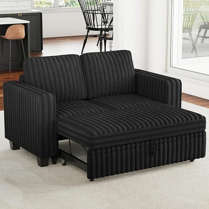 Belffin Corduroy Sectional Sleeper Sofa with Pull Out Bed Modular Sectional Loveseat Sofa Bed for Living Room Black Couch