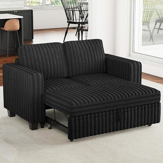 Belffin Corduroy Sectional Sleeper Sofa with Pull Out Bed Modular Sectional Loveseat Sofa Bed for Living Room Black Couch