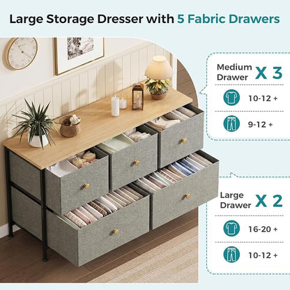 OLIXIS 5 Drawer Dresser for Bedroom, Storage Organizer Unit for Closet | Chest of Drawers for Clothes Storage with Bins, Wide Fabric Bedroom Dresser, Wooden Top, Living Room, Ink Green