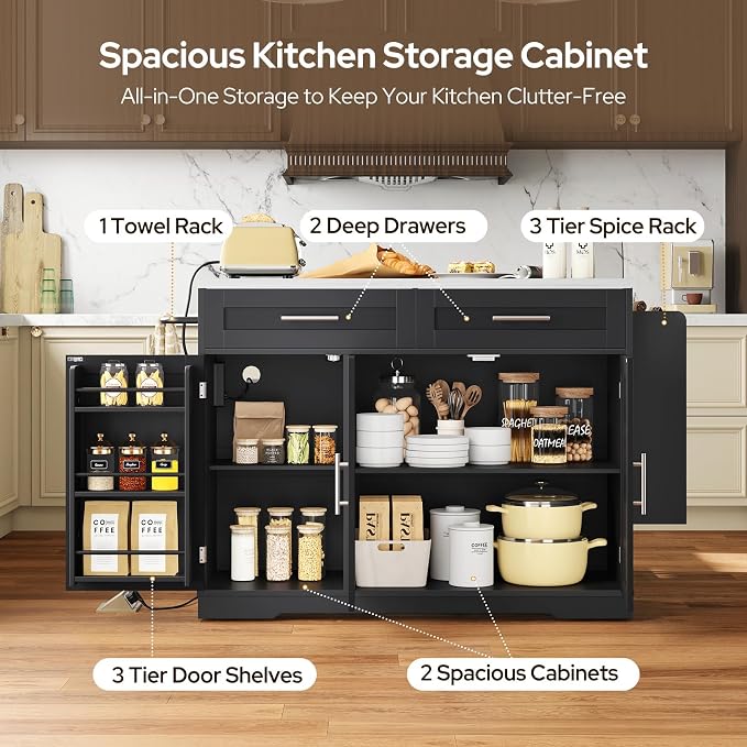 Concho 56'' Kitchen Island with Seating and Stainless Steel Countertop, Rolling Kitchen Carts on Wheels with Folding Drop Leaf, Bar Stool, Power Outlet, Spice/Towel Rack, Black