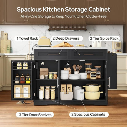 Concho 56'' Kitchen Island with Seating and Stainless Steel Countertop, Rolling Kitchen Carts on Wheels with Folding Drop Leaf, Bar Stool, Power Outlet, Spice/Towel Rack, Black