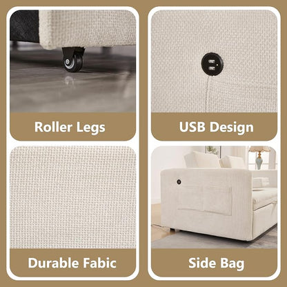 57.48" Convertible Sofa Bed with Cup Holder, Pull Out Sleeper Sofa Bed with USB Charging Ports, 3 in 1 Convertible Sleeper Sofa Bed for Living Room, Apartment, Bedroom, RV, Beige