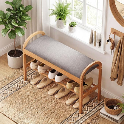 Giantex Shoe Rack Bench, Bamboo 2-Tier Entryway Bench with Padded Cushion, Shoe Storage Bench for Hallway, Closet, Foyer, Living Room, Bedroom, Mudroom