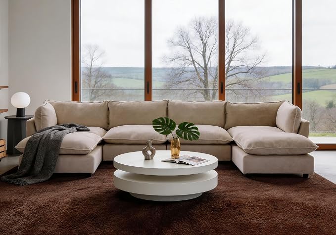 Iroomy Modular Sectional Sofa, U Shaped Chenille Cloud Couch, Deep Comfy Seat, 6-Seater Sofas Couches for Living Room, Beige