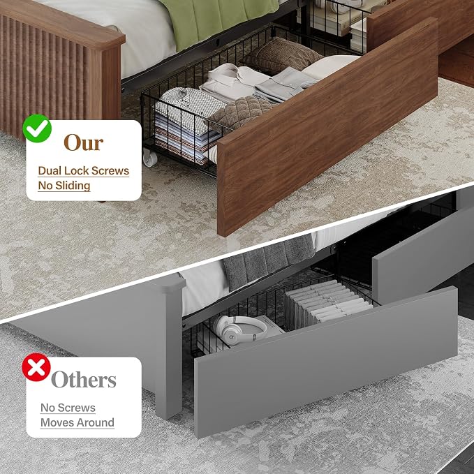 Queen Size Bed Frame and Tall Headboard & Storage, Metal Platform Bed Frame with 4 Storage Drawers, Queen Bed Frame with LED Lights & Charging Ports, No Box Spring Needed, Noise-Free, Brown