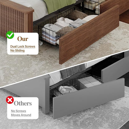 Queen Size Bed Frame and Tall Headboard & Storage, Metal Platform Bed Frame with 4 Storage Drawers, Queen Bed Frame with LED Lights & Charging Ports, No Box Spring Needed, Noise-Free, Brown