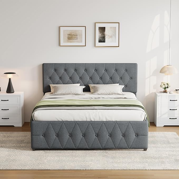 Ball & Cast Queen Bed Frame with Adjustable Headboard,Upholstered Platform Bed Frame Queen Size with 2 Wood Storage Drawers & Pull‑Out Trundle Bed,Wooden Slats Support,No Box Spring Needed,Dark Gray