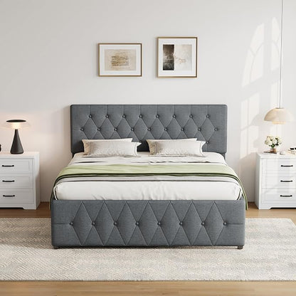Ball & Cast Queen Bed Frame with Adjustable Headboard,Upholstered Platform Bed Frame Queen Size with 2 Wood Storage Drawers & Pull‑Out Trundle Bed,Wooden Slats Support,No Box Spring Needed,Dark Gray