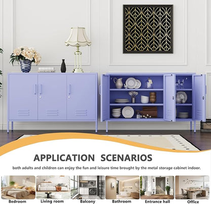 Purple Wide Metal Storage Cabinet, 32" H Heavy Duty Steel Locker with Lock, 2 Adjustable Shelves & Ventilated Doors for Home Office Kitchen Living Room