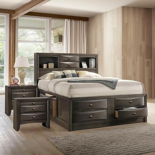 Furniture of America Darius Transitional Solid Wood 3-Piece Queen Platform Bedroom Set with Drawers, Bookcase Headboard and Knob Pulls, Mattress Ready, Gray
