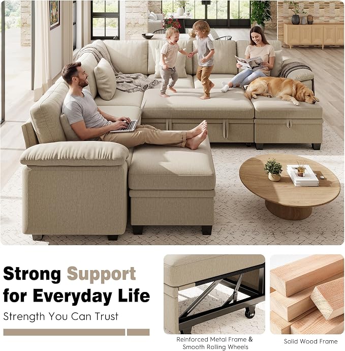 Ihanherry 108" Modular Sectional Sofa with Pull Out Bed, 9-Seater U Shaped Sectional Sleeper Couch with Storage, Chenille Convertible Couches for Living Room, Apartment (Sand)