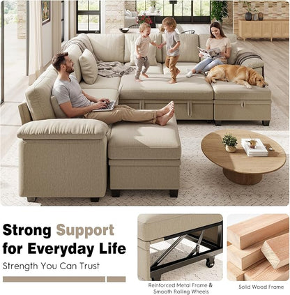Ihanherry 108" Modular Sectional Sofa with Pull Out Bed, 9-Seater U Shaped Sectional Sleeper Couch with Storage, Chenille Convertible Couches for Living Room, Apartment (Sand)