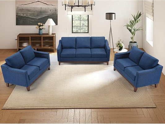 HAOMARKETS Modern 3 Piece Sofa Set with Rivets, Included Fabric Loveseat 2-Seater Sofa Set of 2, and Upholstered 3-Seater Couches with Solid Wood Legs, Living Room Furniture Set,Blue
