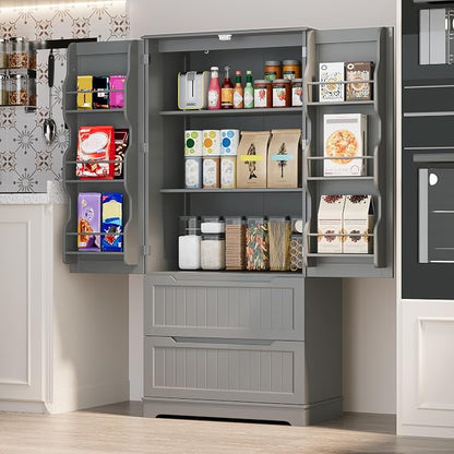 Gizoon Pantry Storage Cabinet with Drawers Freestanding Kitchen Storage Cabinets with Doors and Shelves, 63" Food Pantry for Dining Room Craft Room, Gray, Painted