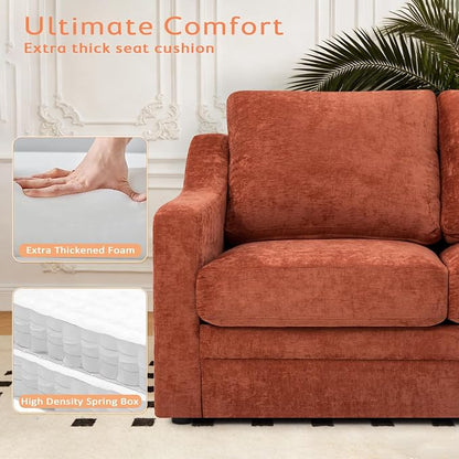 83” Chenille 3 Seats Sofa w/Comfortable Back Cushions, Orange | Modern Couch w/Deep Seat Space, Upholstered 6 Seater Sofa w/High Resiliency Foam for Living Room