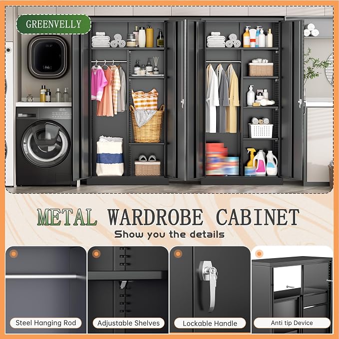 Greenvelly Metal Wardrobe Cabinet with Locking Doors, 72"H Black Metal Wardrobe Closet with Hanging Rods and Adjustable Shelves, Clothing Storage Closet for Home, Office, Employee, Gym (16" D x 32" W)