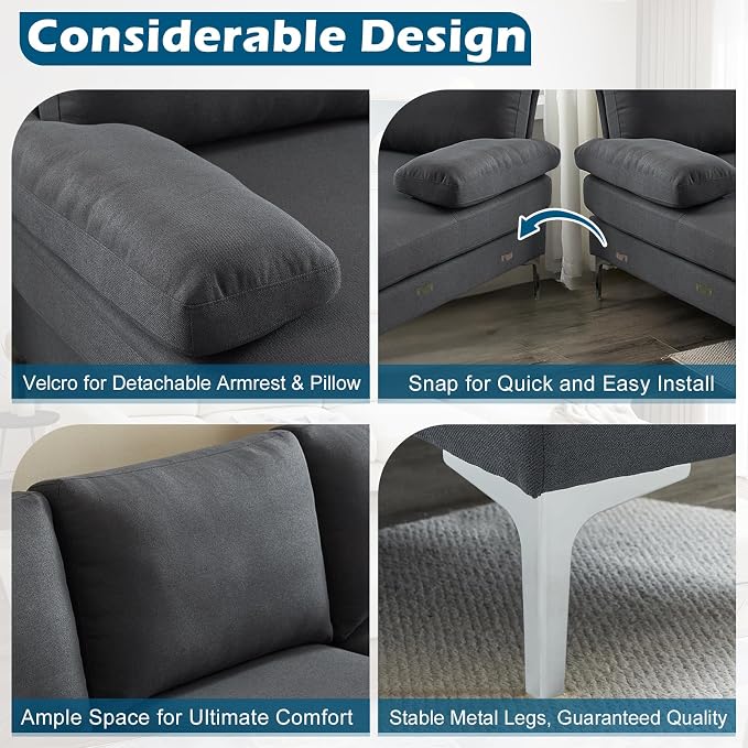 VINGLI 110" Modern Sectional Couch with 51" D Double Chaise, Dark Grey Deep Seat U Shaped Couch with Removable Pillows & Metal Legs, Comfy 4-Seat Sofas for Living Room, Linen Fabric