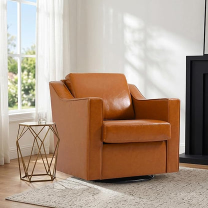 Swivel Accent Chair, Modern Round Barrel Arm Chair for Living Room, Bedroom, Comfy Club Reading Chairs for Adults (Leather Brown, Set of 2)