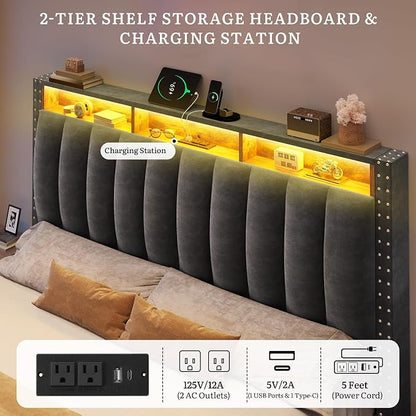 DWVO Queen Size Bed Frame with 4 Storage Drawers and RGB LED Lights, Velvet Upholstered Platform Bed with Charging Station and Bookcase Storage Headboard, No Box Spring Needed, Easy Assembly, Grey