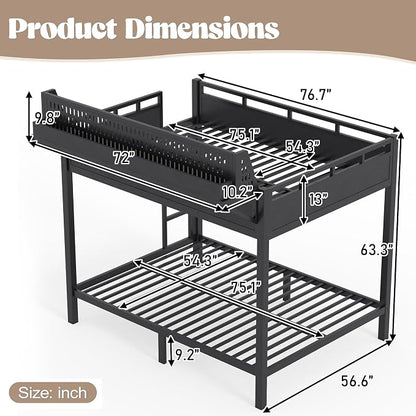 Bellemave Bunk Bed Full Over Full，Metal Bunk beds with Storage Shelves USB Ports and LED Lights, Black