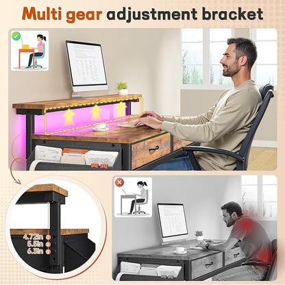 Gaming Desk with LED Lights with 2 Drawers, 31 Inch Desk Home Office Desk Computer Desk with Side Pocket & Ergonomic Monitor Stand, Small Space Study Writing Table with Anti-Tip Design, Rustic Brown