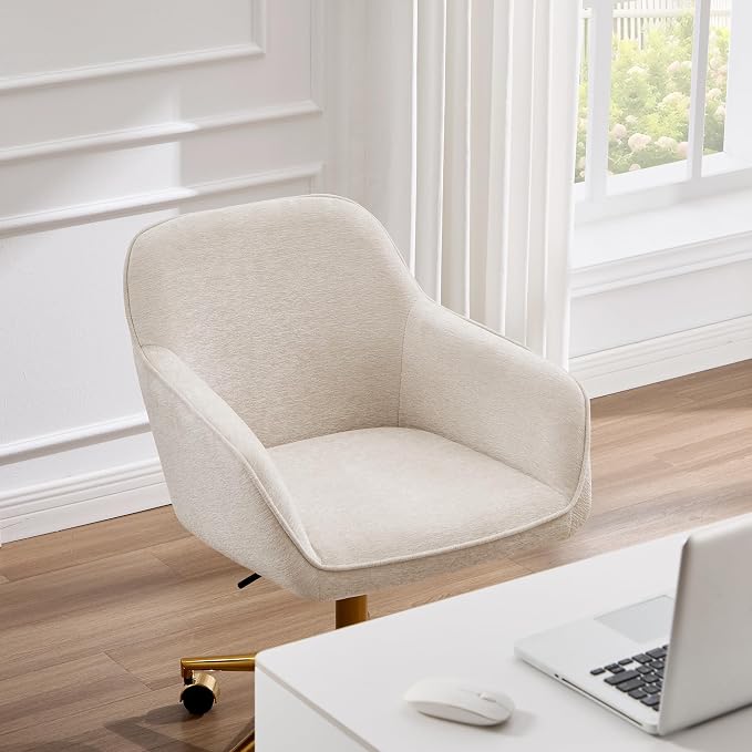 Zesthouse Vanity Chair with Wheels for Girl Women, Swivel Office Desk Chair | Beige Chenille Rolling Office Chair with Arms & Gold Base, Upholstered Fabric Desk Chair for Bedroom, Height Adjustable Chair