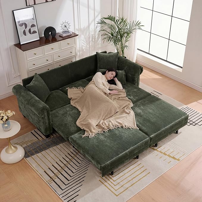 KEIKI King Size Pull Out Sofa Bed 3 in 1 Classic Modern Convertible Sleeper Chenille Upholstery Nailhead, Rolled Arm Sturdy Metal Frame 600 lbs for Living Room Apartment Office Small Spaces, Green