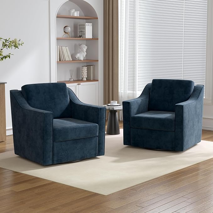 Swivel Accent Chairs Set of 2, 360° Swivel Upholstered Club Armchairs for Living Room, Comfy Single Sofa Reading Chair with Deep Seat, Metal Swivel Base, Chenille Fabric, Navy