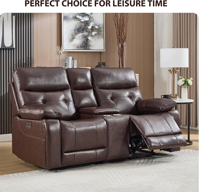 CANMOV Genuine Leather Power Recliner Sofa Set, Two Power Recliner Chair and Loveseat Set, 3 Pieces Leather Couch with Storage Console, USB Ports, Cup Holders for Living Room,Dark Brown