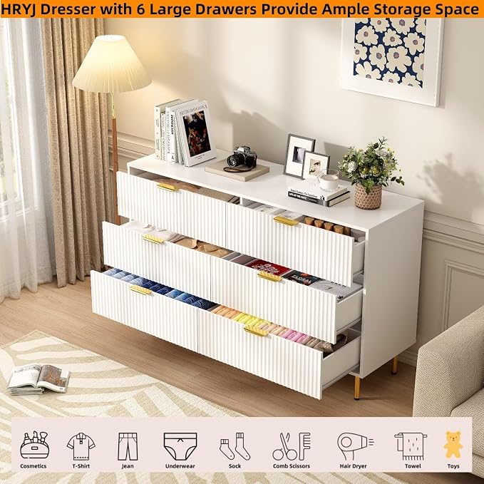 White Fluted 6 Drawers Dresser for Bedroom with Gold Handle, 56" Wide Modern Wooden Chest of Drawers, Bedrooms Tv Stand Storage Organizer Dressers for Living Room Closet