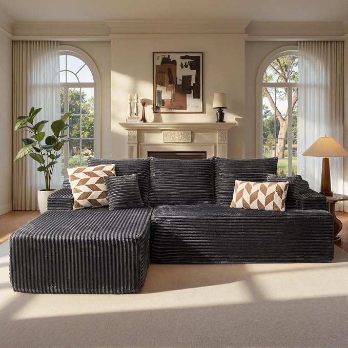ovios 96" Cloud Sectional Couch with L-Shape Chaise,Modern Modular Sofa with Deep Seat, Upholstered Couches for Living Room Bedroom,No Assembly Required, Grey (Plush Corduroy Fabric)