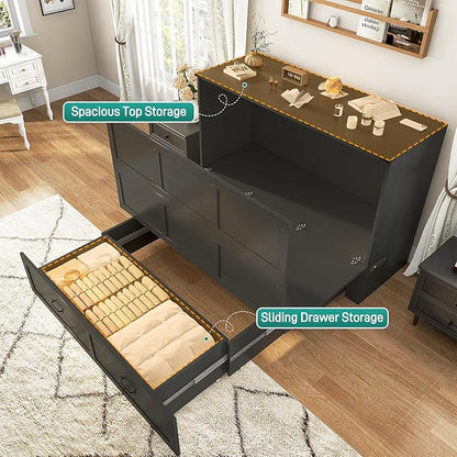 Hlivelood Full Size Murphy Chest Bed with Drawer and Charging Station, Farmhouse Wood Space-Saving Hidden Folding Bed Chest, Multifunctional Storage Cabinet Beds for Bedroom, Office, Black