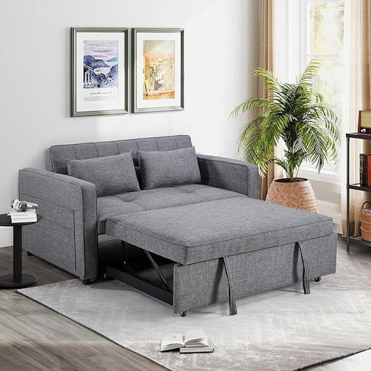 HAOMARKETS 3 in 1 Convertible Sleeper Sofa Bed, Loveseat Chaise Lounge with Pullout Bed, 2-Seater Futon Couches with Storage Pockets, 3-Level Adjustable Backrest and Pillows for Living Room, Dark Grey