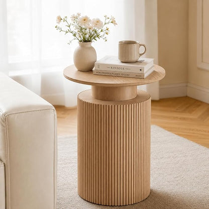 24" Fluted End Table Reversible, Hidden Storage, Natural Oak | Mid Century Modern Nightstand, Bedside Table, Cylinder Side Table, Pre-Threaded MDF, for Bedroom Living Room Office