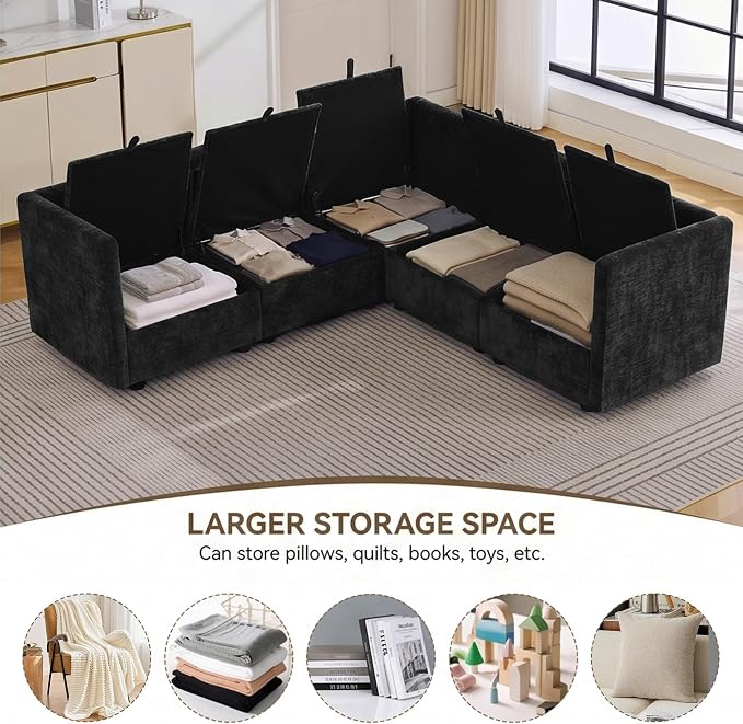80" Black Modular Storage Sofa, V Shaped Chenille Cloud Couch with Armrest | Oversized Convertible Sectional Sofa, 5-Seat Sectional Couch With Armrests, Large Cloud Couch For Living Room, Apartment.