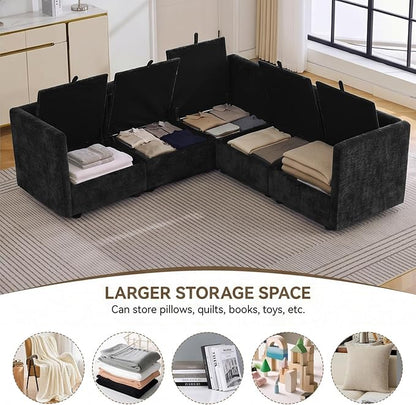 80" Black Modular Storage Sofa, V Shaped Chenille Cloud Couch with Armrest | Oversized Convertible Sectional Sofa, 5-Seat Sectional Couch With Armrests, Large Cloud Couch For Living Room, Apartment.