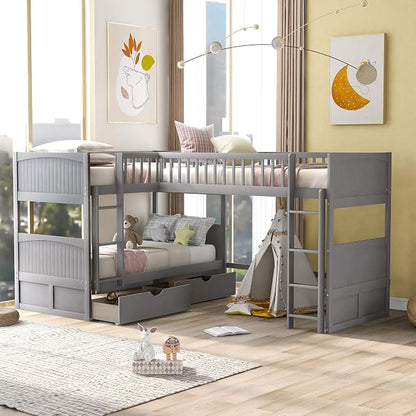 Flieks Triple Bed Twin-Over-Twin-Over-Twin Bed L Shaped Bunk Bed with 2 Drawers and 2 Ladders, No Box Spring Needed