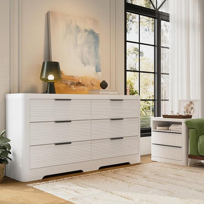 FUSUNBAO Fluted 6 Drawer Dresser, Modern Wood Dresser for Bedroom,TV Stand,Thickened Curved Profile Design,Bedroom,Entryway,Wood Drawer Organizer (White Oak)