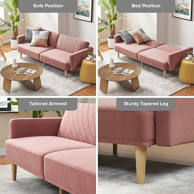 mopio 76.4" Futon Sofa Bed, Couch, Loveseat, Sleeper Sofa, Mid Century Modern Futon Couch, Sofa Cama, Couches for Living Room (Old Rosa Velvet)