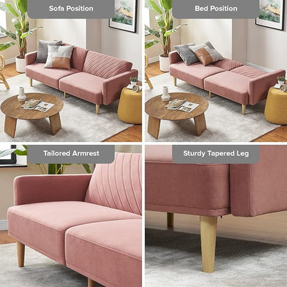mopio 76.4" Futon Sofa Bed, Couch, Loveseat, Sleeper Sofa, Mid Century Modern Futon Couch, Sofa Cama, Couches for Living Room (Old Rosa Velvet)