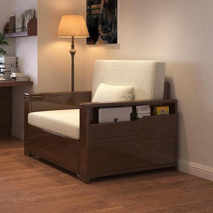 48" 3-in-1 Storage Sleeper Sofa Bed, Walnut Finish Solid Wood Frame | Solid wood sofa for living rooms, apartments & offices — single-size, it works as a guest bed to maximize small space.