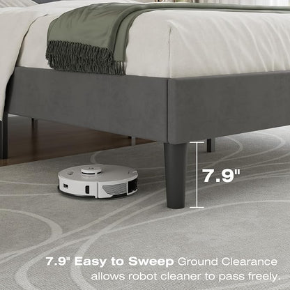 VECELO Queen Bed Frame with Upholstered Headboard, Heavy-Duty Platform Bedframe with Strong Wooden Slats Support, No Boxing Spring Needed, Dark Grey