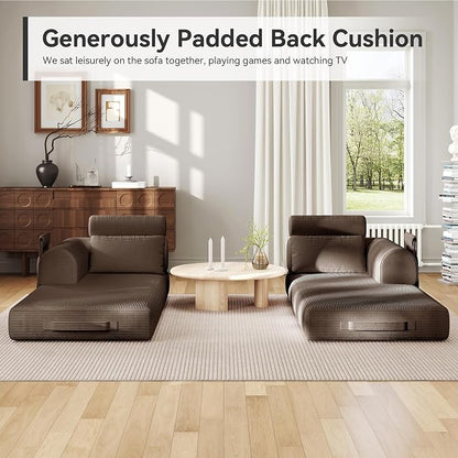 Upgrade High Backrest Design Sofa Bed with Fixed-Shape Frame & Removable Armrests and Backrest, Corduroy Fabric, Convertible Mattress Couch for Small Spaces - No Assembly Needed (Brown)