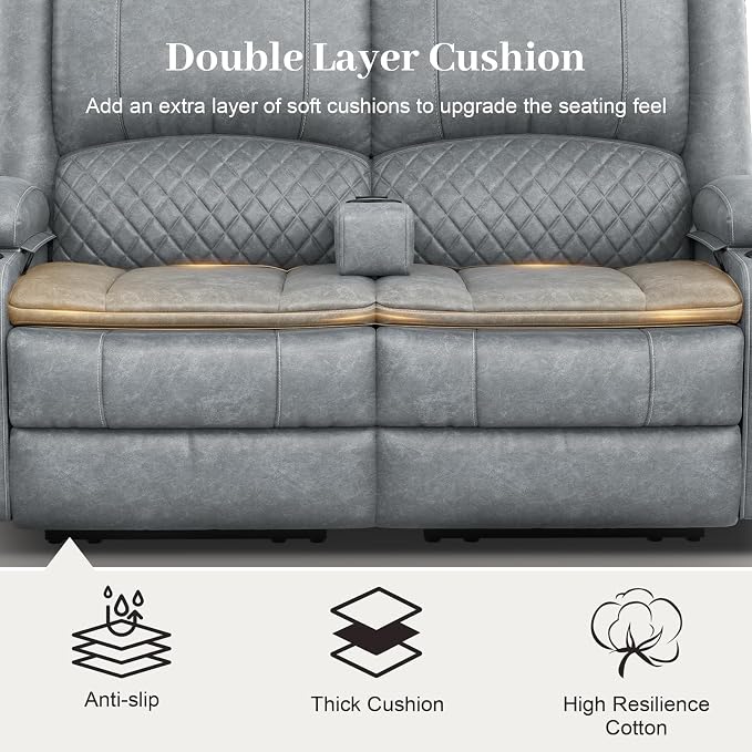 Yolsali Loveseat Recliner Sofa, Manual Reclining Loveseat with Removable Armrest, PU Leather Double Recliner for RV with 2-Tier Cushions, USB Charging Ports, Cup Holders - Gray PU