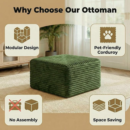 JINGLING 94" U Shaped Boneless Sectional Couch Set for Living Room, Plush Corduroy Modular Sofa with Ottoman, Small Space Apartment Couch, No Assembly, Right Facing Chaise, Green