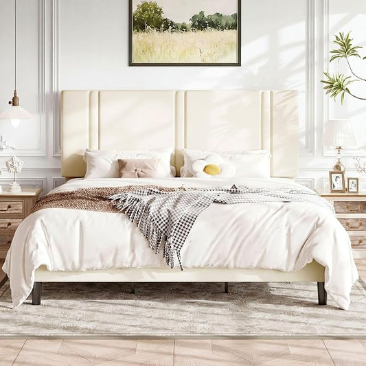 Allewie King Size Platform Bed Frame with Adjustable Headboard, Plush Velvet Upholstered, Vertical Channel Tufted, Sturdy Wooden Slats, No Box Spring Needed, Easy Assembly, Cream