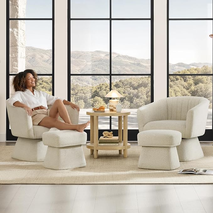 Zerel's Home Swivel Accent Chair with Ottoman, Upholstered Barrel Accent Chair, Modern Accent Chair with Pleated Backrest and Arms, Boucle Armchair for Living Room Bedroom, Set of 2, Sand