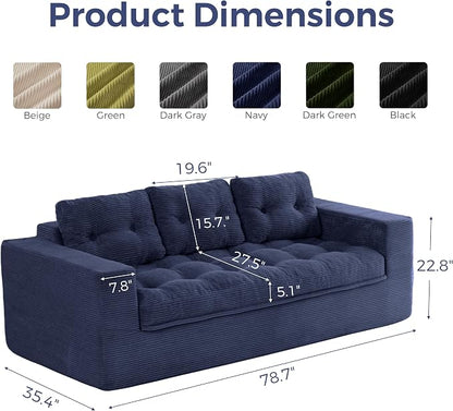 MAXYOYO 79" Loveseat Sofa Couch for Small Spaces, Upholstered Boneless Cloud Couch for Apartment Bedroom, 3-Seater Love Seat Floor Modern Sofa with Pillows, No Assembly Required, Navy